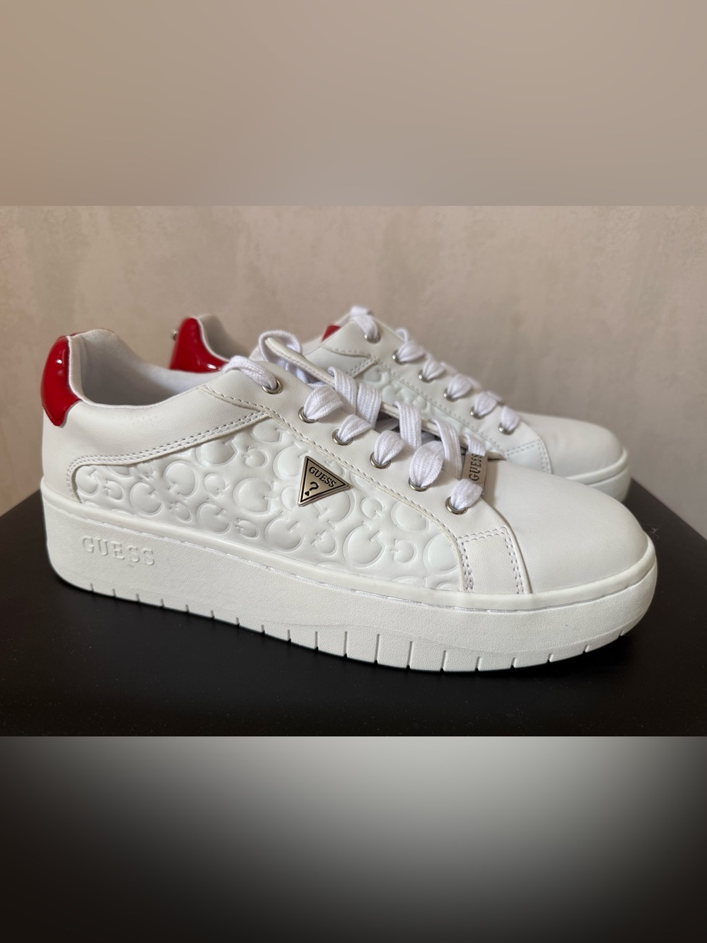 GUESS White Platform Logo-Embossed Sneakers with Red Heel Tab